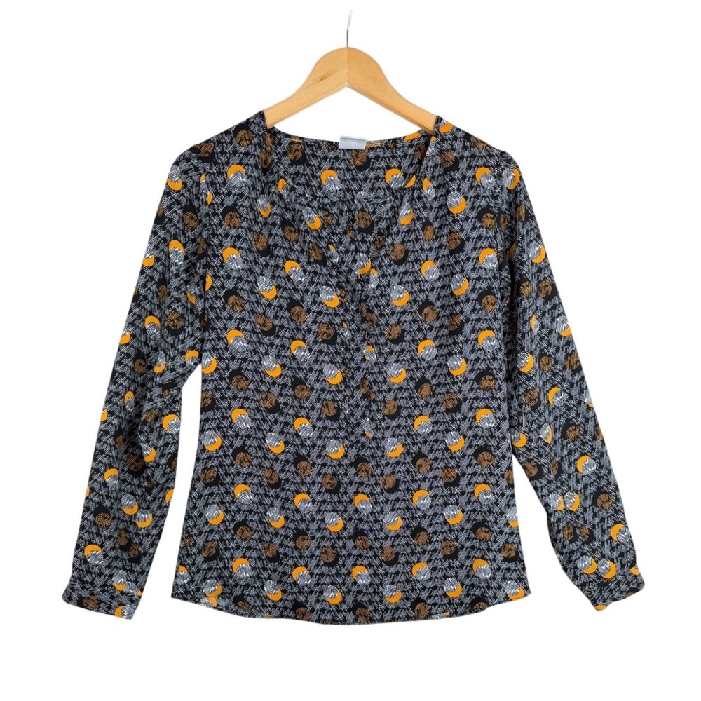 Cabi Eclipse Moon Crescent Long Sleeve Blouse size XS Black/Yellow Style#3131